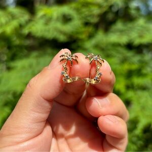 18K Gold Plated Stainless Steel Palm Tree with Blue Diamonds Hoop Earrings